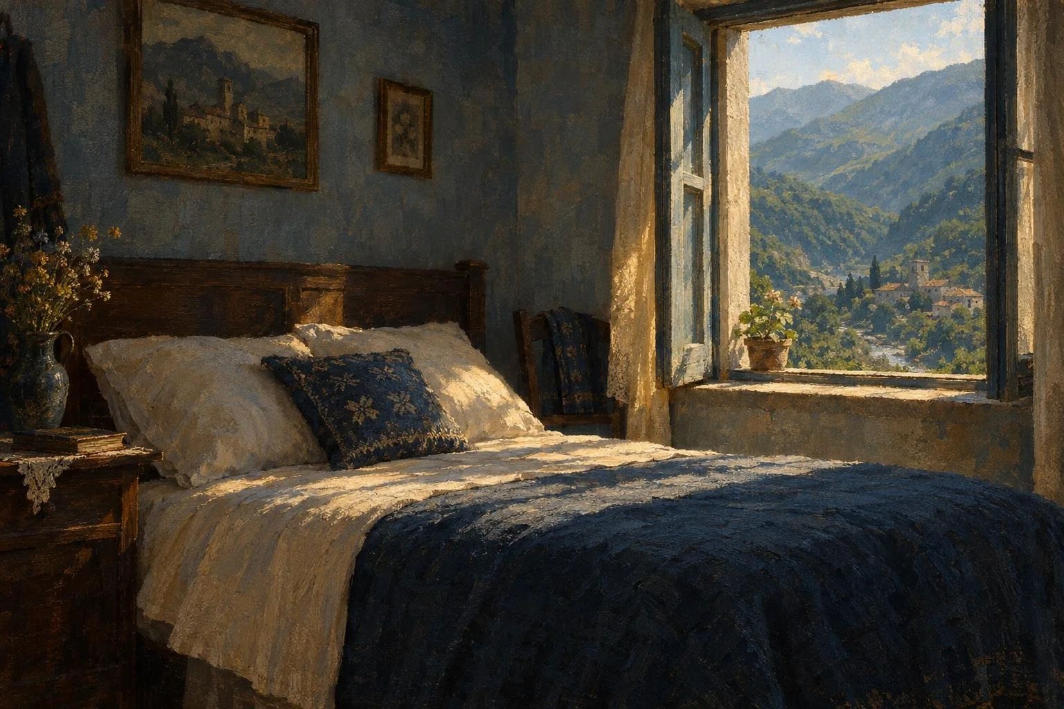 Dhomë gjumi plot dritë në një shtëpi të vjetër familjare me pamje nga mali i Laçit