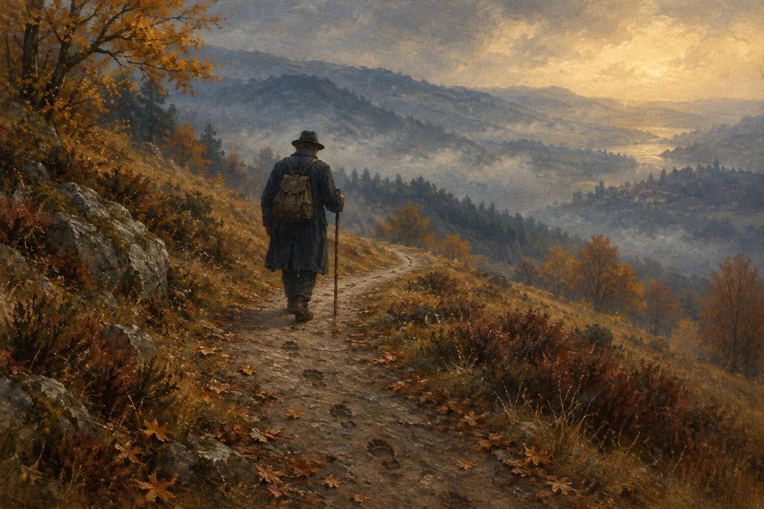 Një udhëtar i vetmuar ecën në një shteg mes kodrave me mjegull të vjeshtës