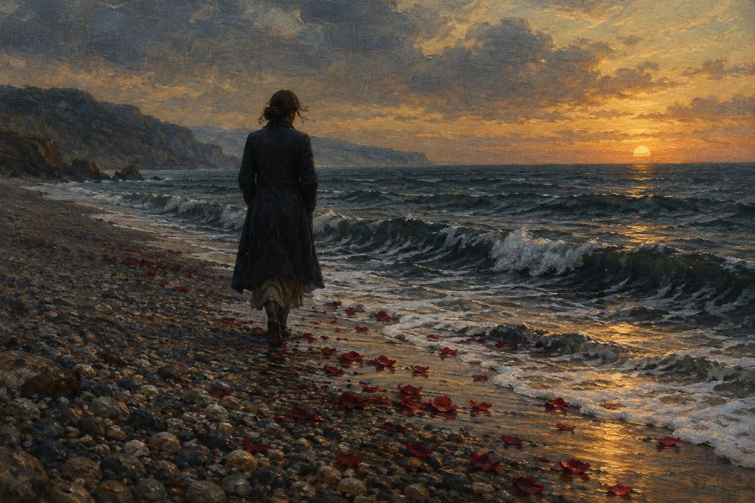 Figurë e vetmuar që ecën në bregun me gurë në muzg pranë petaleve të kuqe në valë