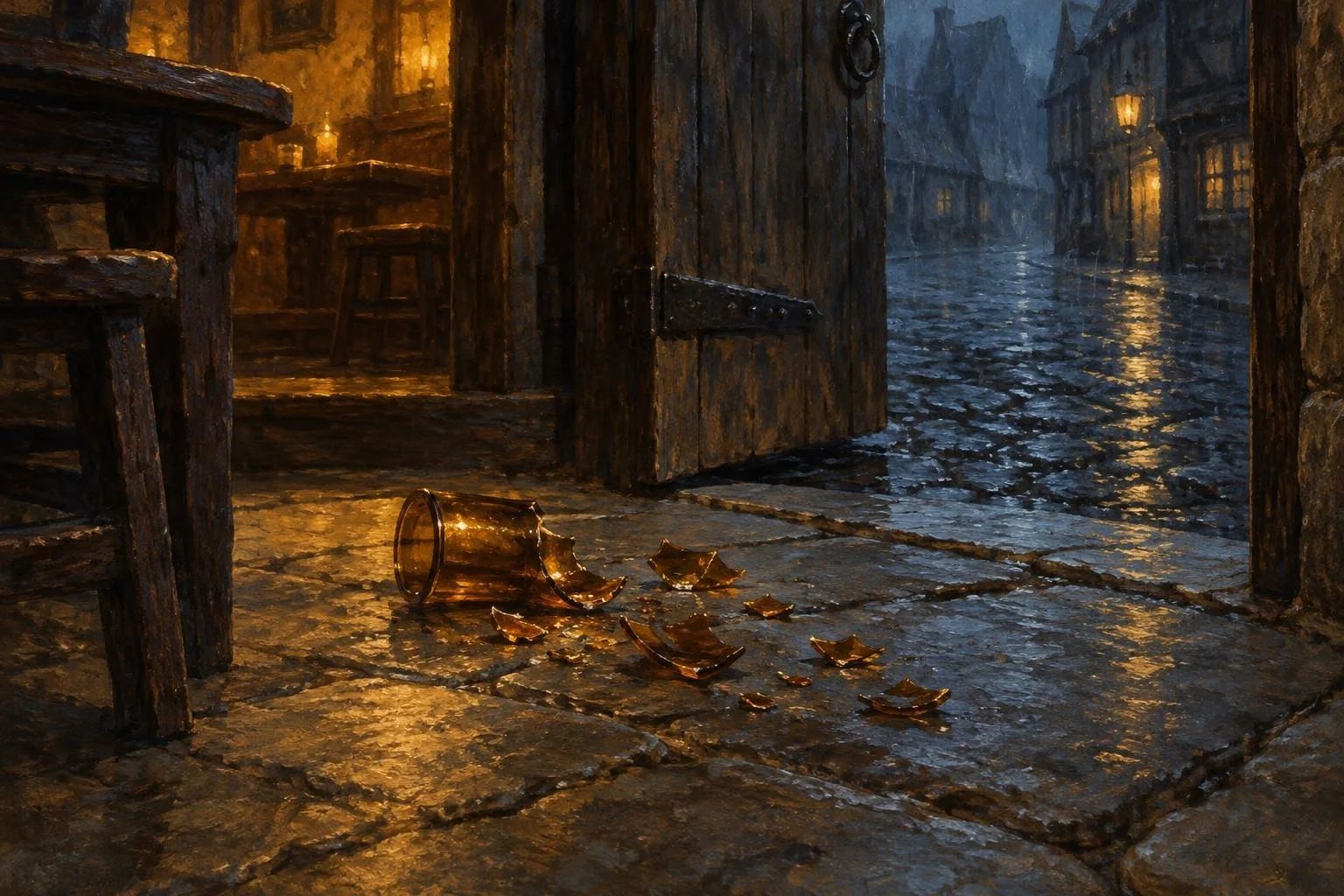Copa të një gote qelqi mbi pllaka guri pranë derës së një taverne