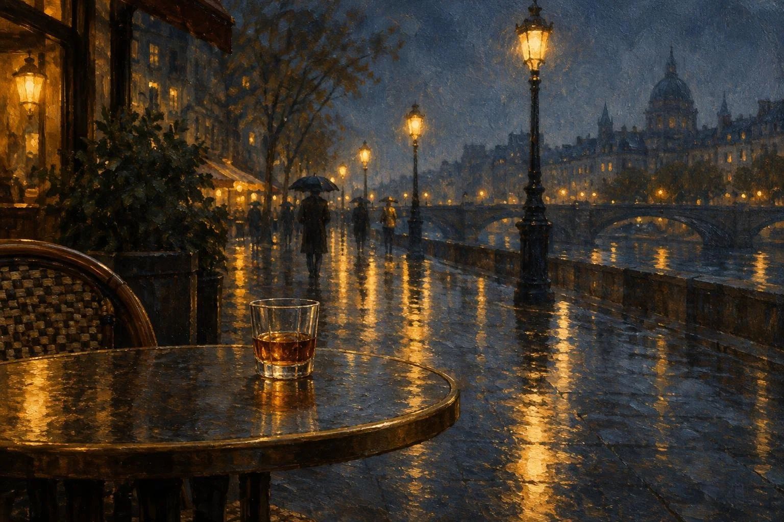 Një gotë e vetme në tavolinën e kafenesë jashtë, me trotuarin e lagur nga shiu