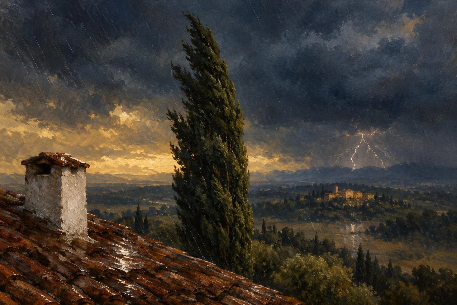 Një selvi e vetmuar nën një qiell të errët stuhie me vetëtima.