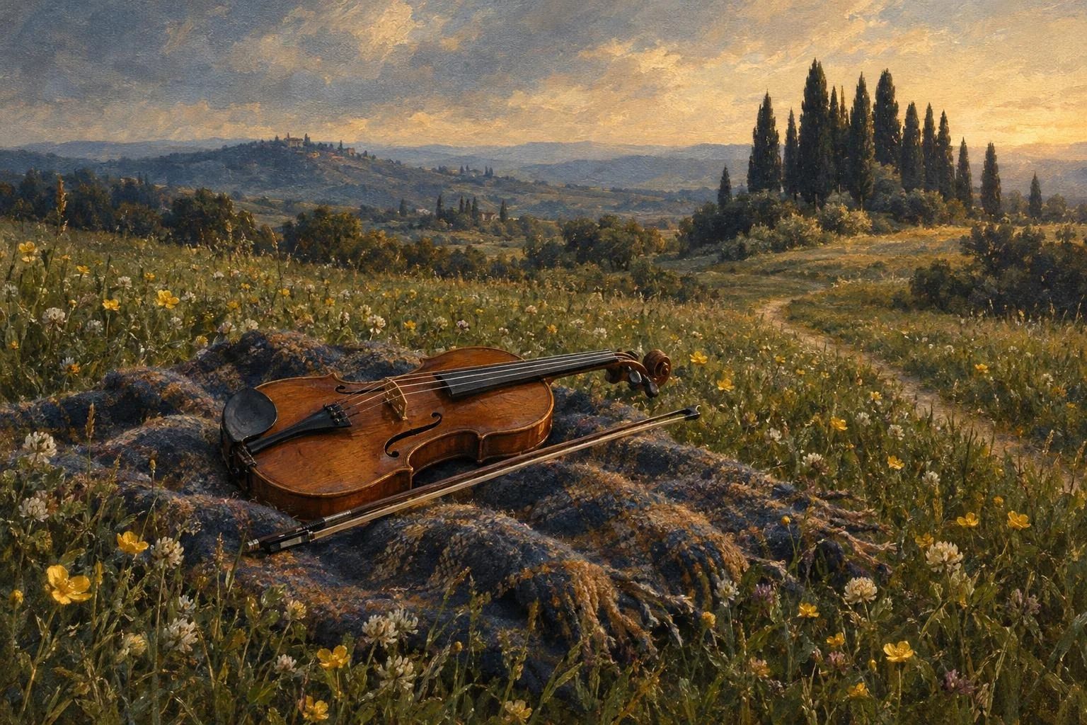 Një violinë dhe harku i saj mbi një qilim të shtruar në lëndinën e qetë