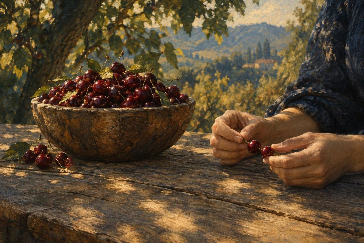Një tas druri me qershi të kuqe të pjekura në dritën e diellit në kopsht
