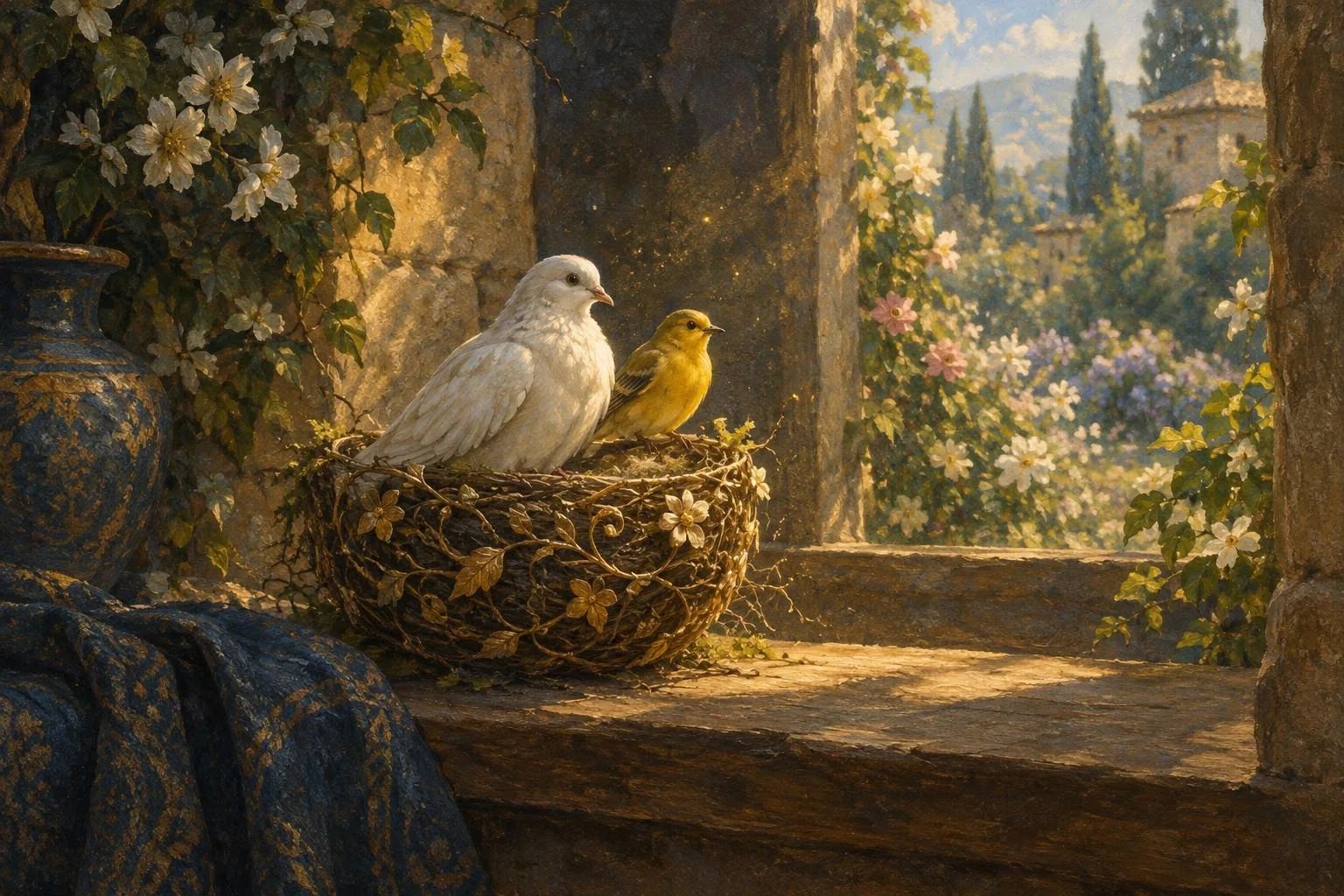 Një pëllumb i bardhë dhe një zog i verdhë pranë një dritareje guri me rreze dielli
