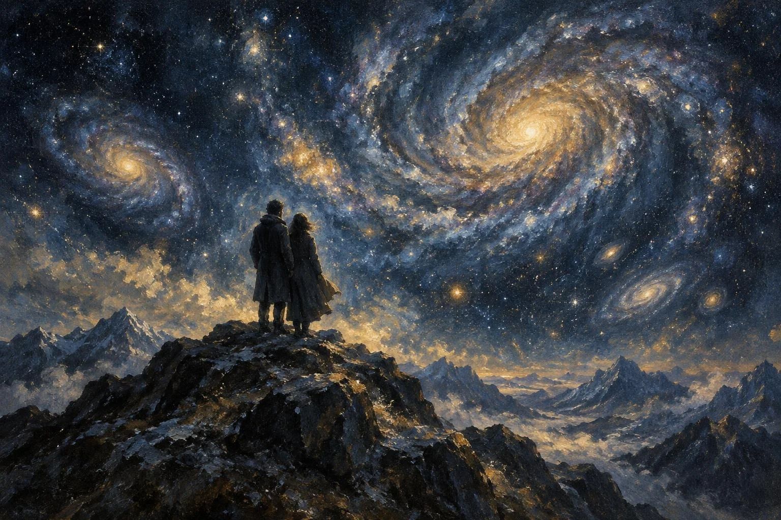 Dy silueta mbi majën e malit nën një qiell të pafund me yje dhe galaktika