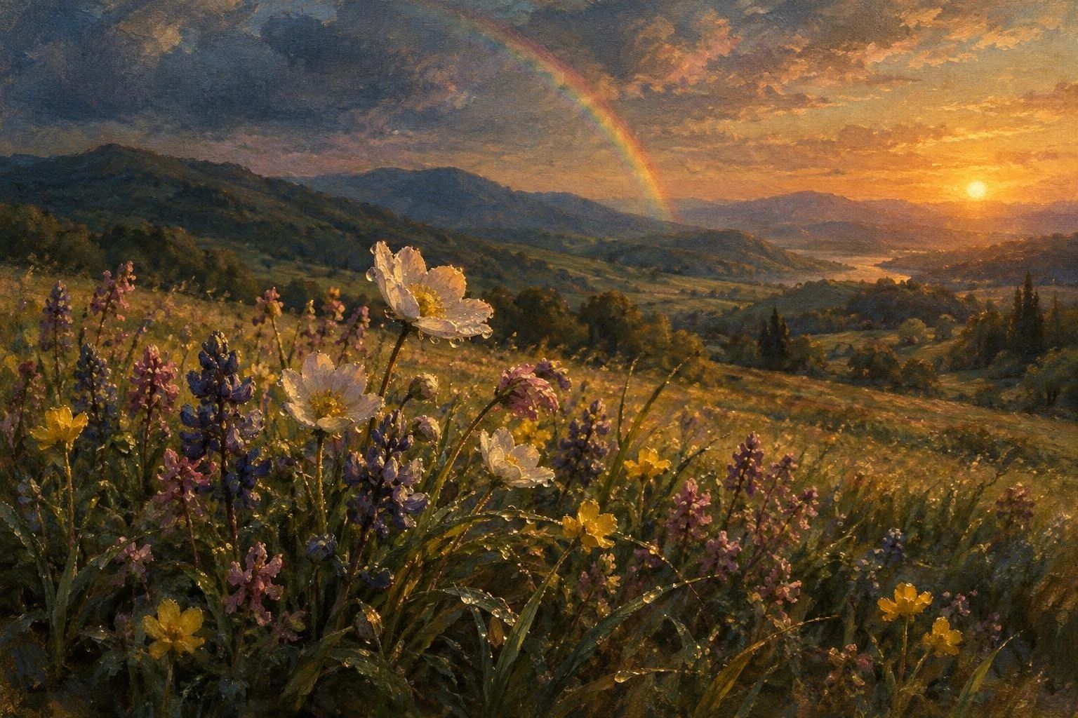 Livadh me lule pranverore nën dritën e artë të perëndimit dhe një ylber të largët