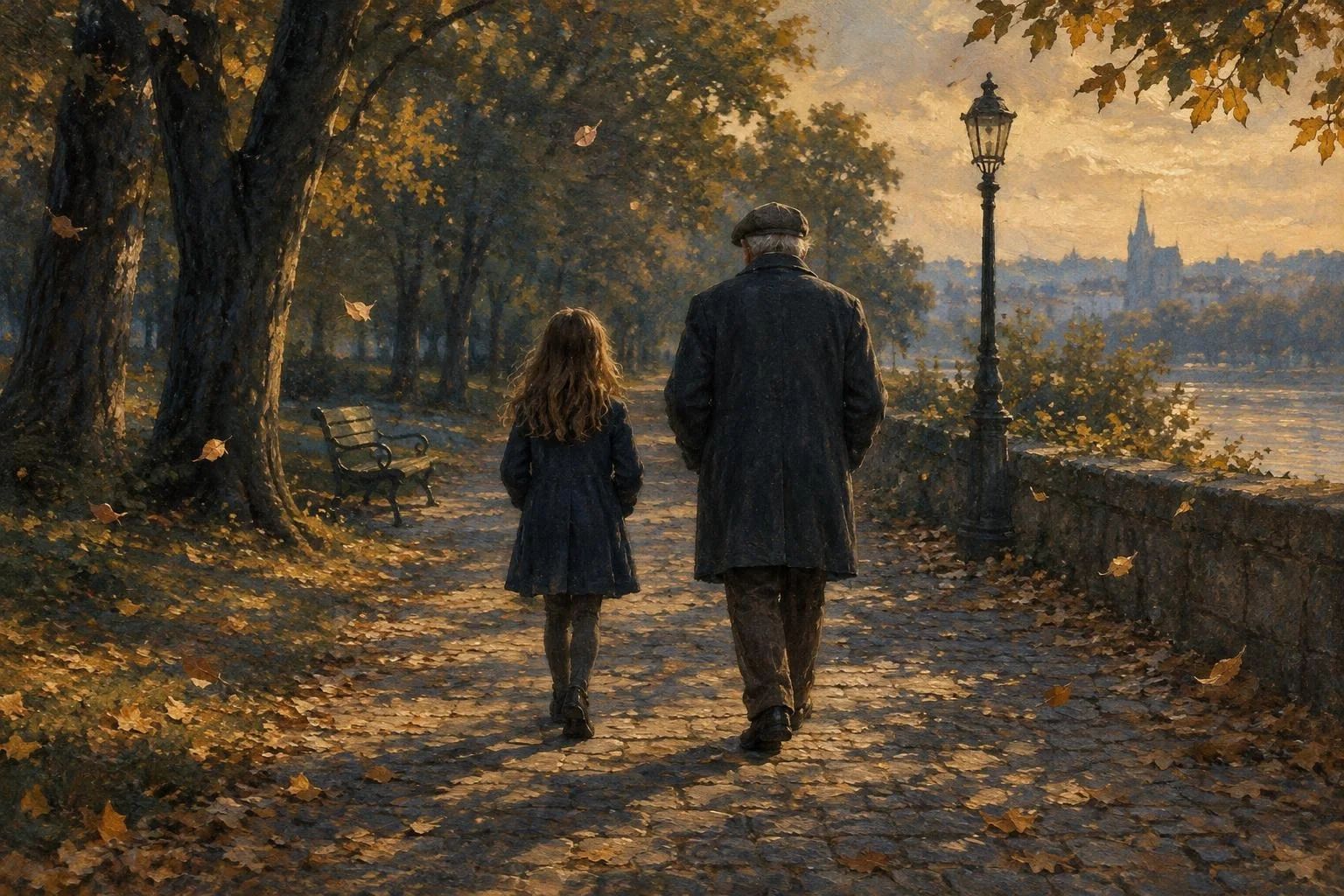 Një vajzë e re dhe një burrë duke ecur përgjatë një shtegu me kalldrëm në një park vjeshtor