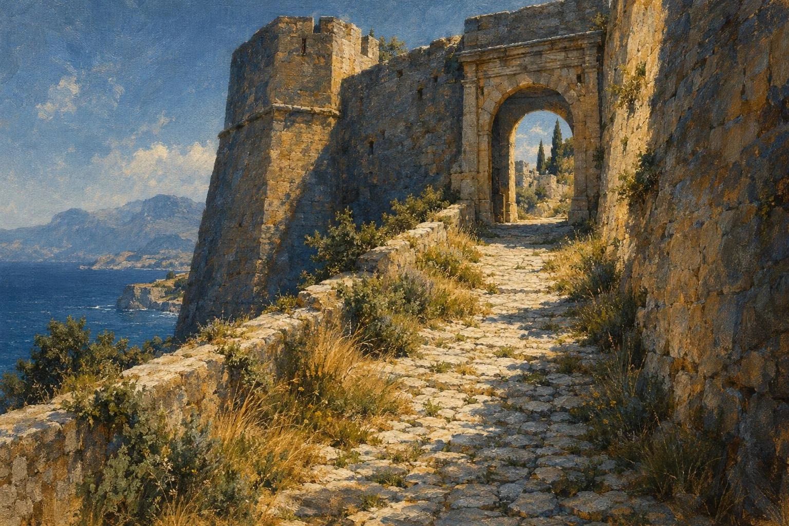 Një rrugicë me kalldrëm nën diell që ngjitet drejt portës së madhe shkëmbore