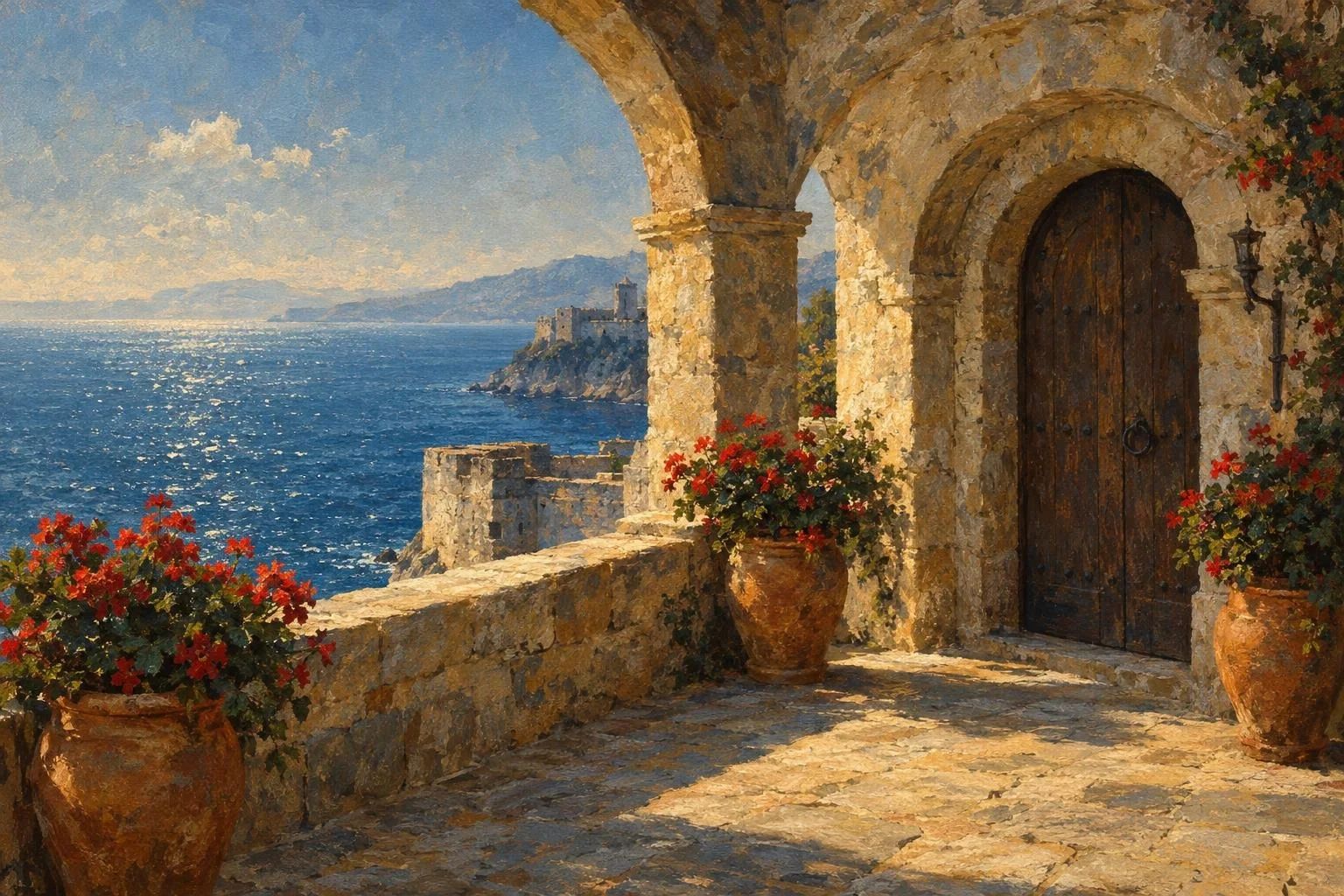 Një tarracë e vjetër guri me pamje nga deti i kaltër mes harqeve të kalasë