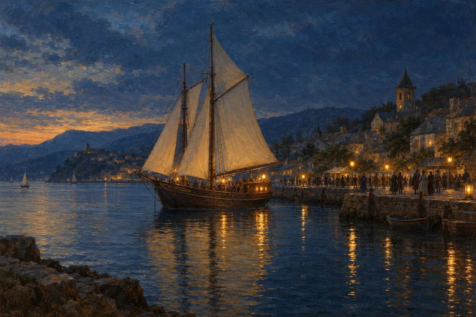 Një anije me vela të bardha e ndriçuar butësisht në limanin e një fshati bregdetar në muzg
