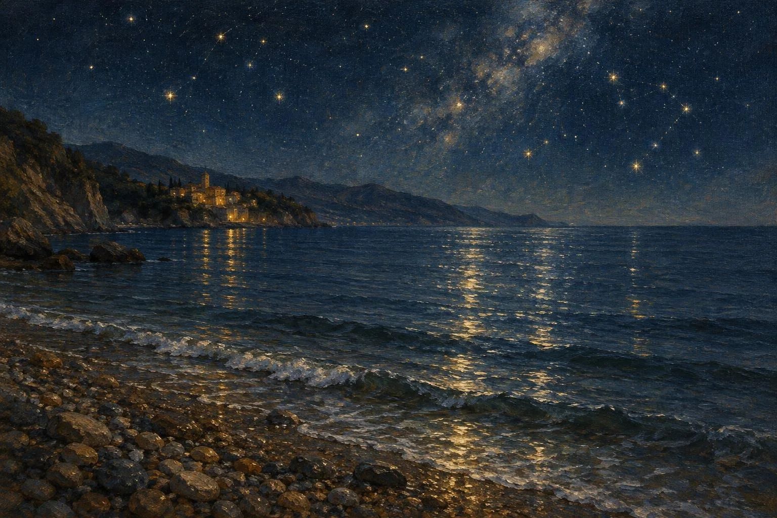 Dallgë të buta mbi zaje në një bregdet të qetë nën një qiell të mbushur me yje