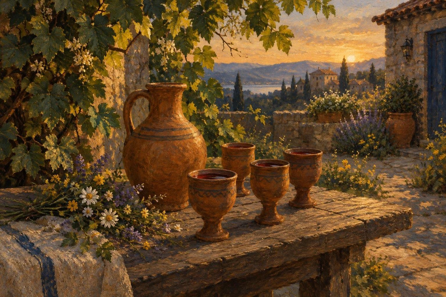 Enë balte me verë mbi një tavolinë të thjeshtë kopshti rrethuar nga hardhi dhe lule pranvere
