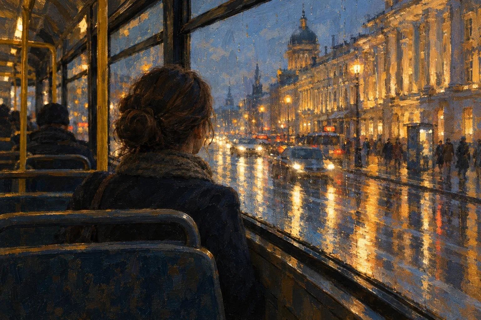 Pamje nga brenda një trolejbusi drejt rrugës së qytetit të lagur nga shiu në mbrëmje