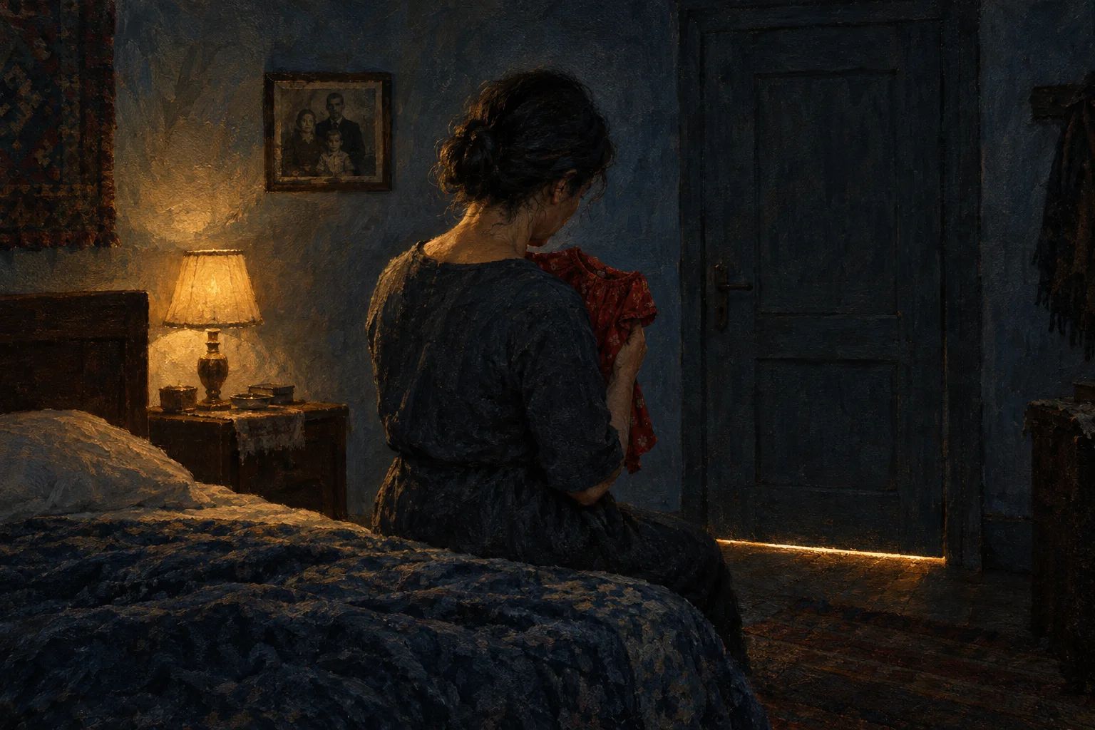 Një grua, parë nga pas, rri ulur në shtrat në një dhomë të errët dhe shtrëngon pas gjoksit një bluzë të vjetër të kuqe.