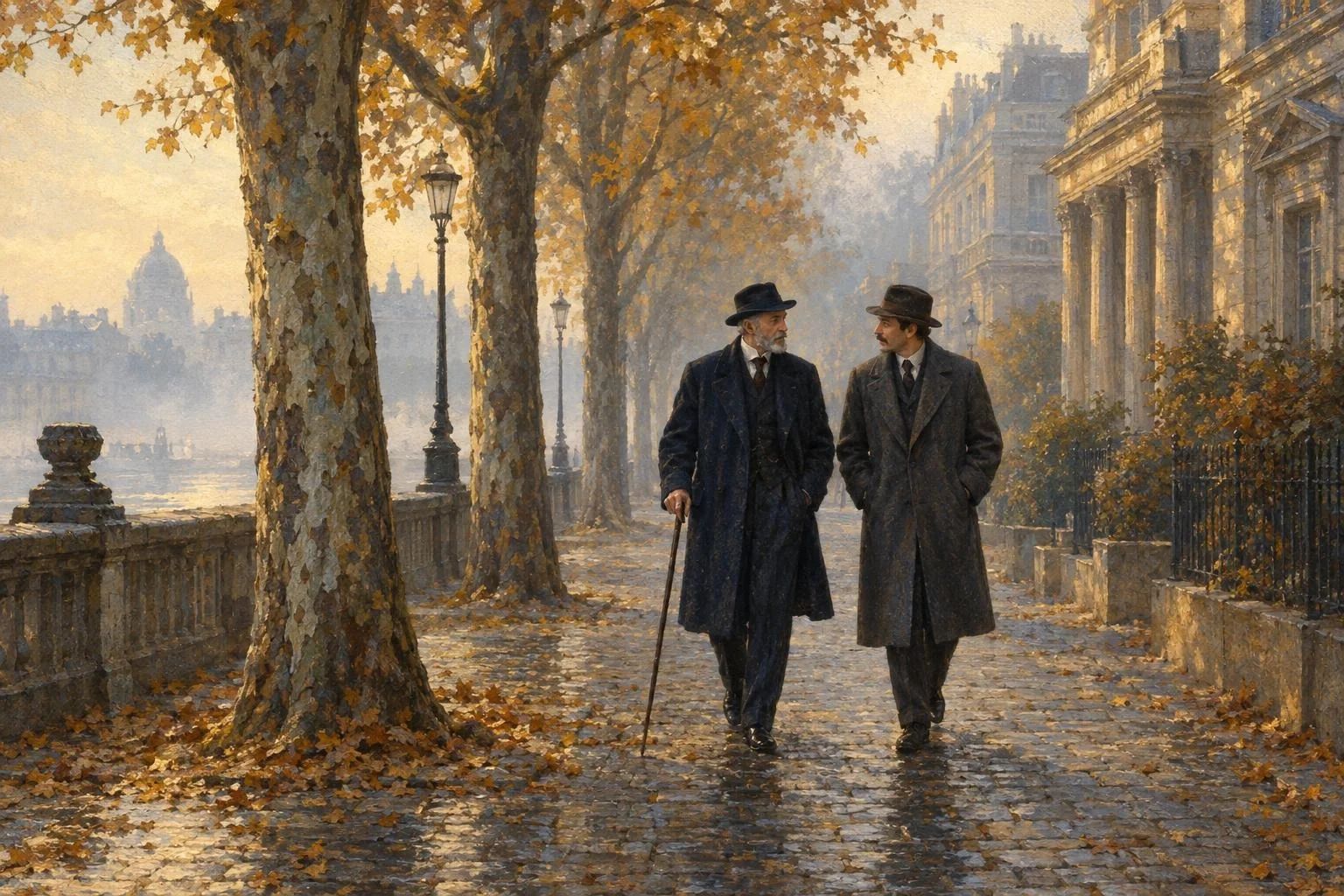 Dy burra me pallto të gjata duke ecur në një shëtitore me kalldrëm nën mjegullën e mëngjesit