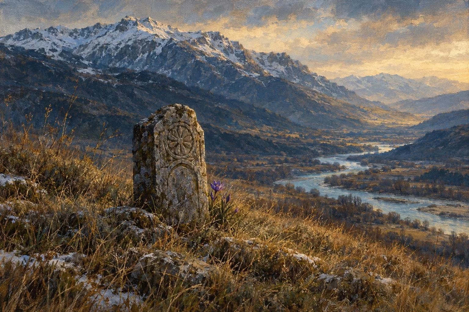 Gur varri me një lule të vetmuar pranë malit të Trebeshinës me borë dhe luginës së Vjosës
