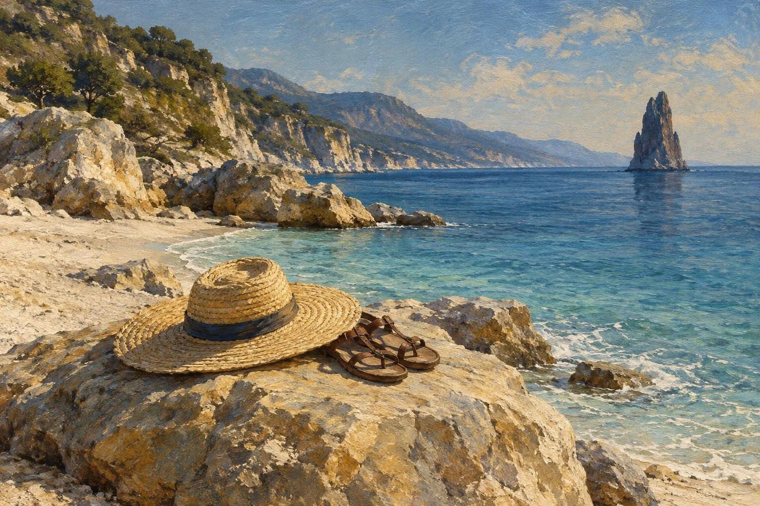 Plazh me rërë të bardhë dhe shkëmbinj të thepisur nën diellin e fortë