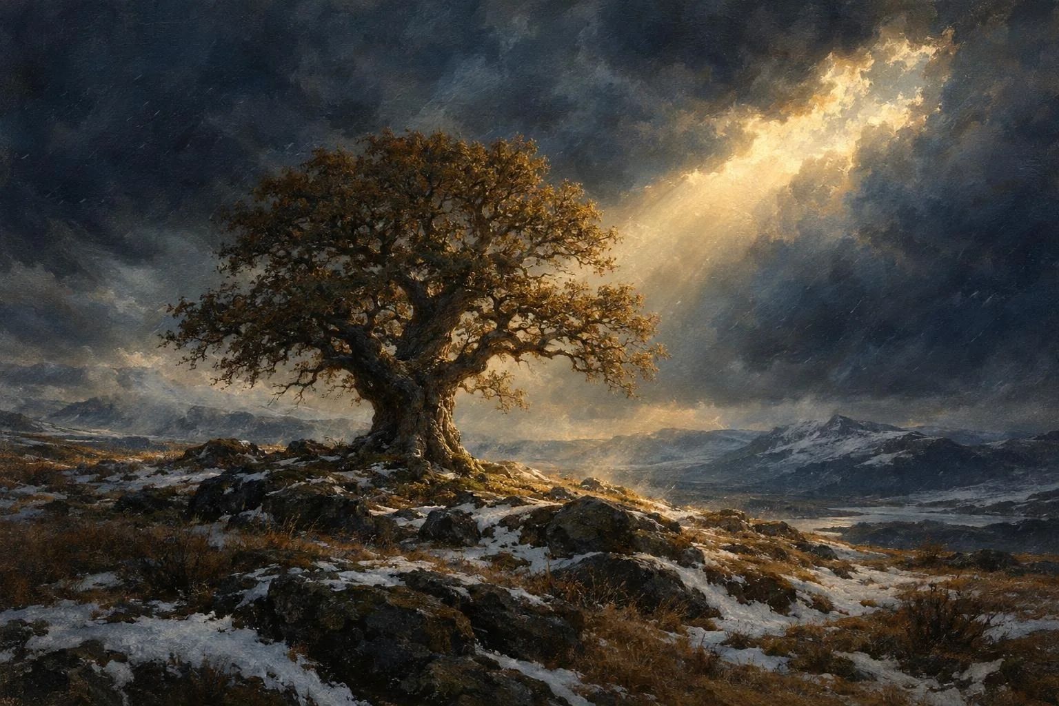 Një lis i lashtë e madhështor në një pllajë nën retë e stuhisë dimërore