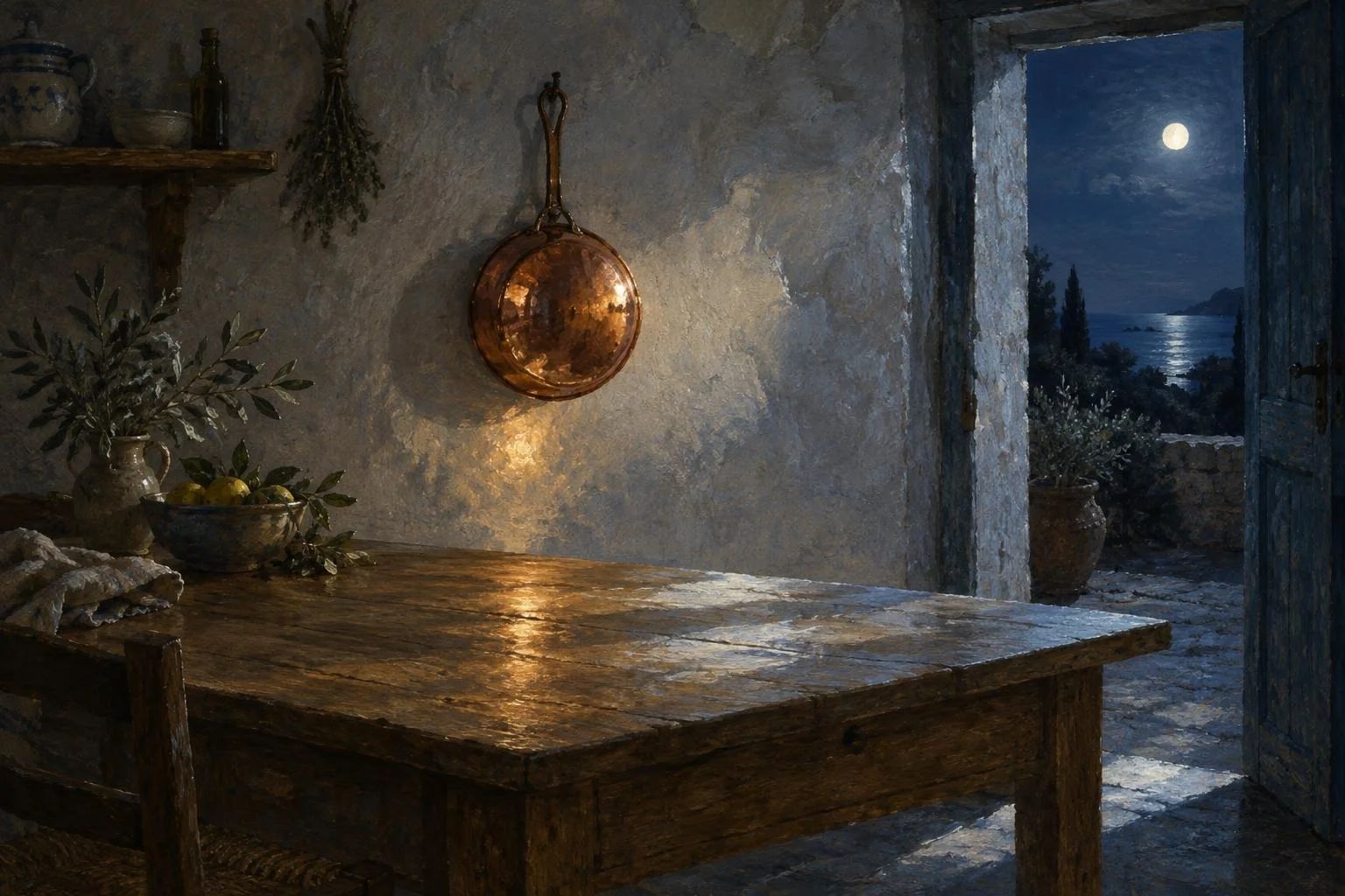 Kuzhinë e thjeshtë fshati e ndriçuar nga hëna e gushtit me një tenxhere të varur në mur