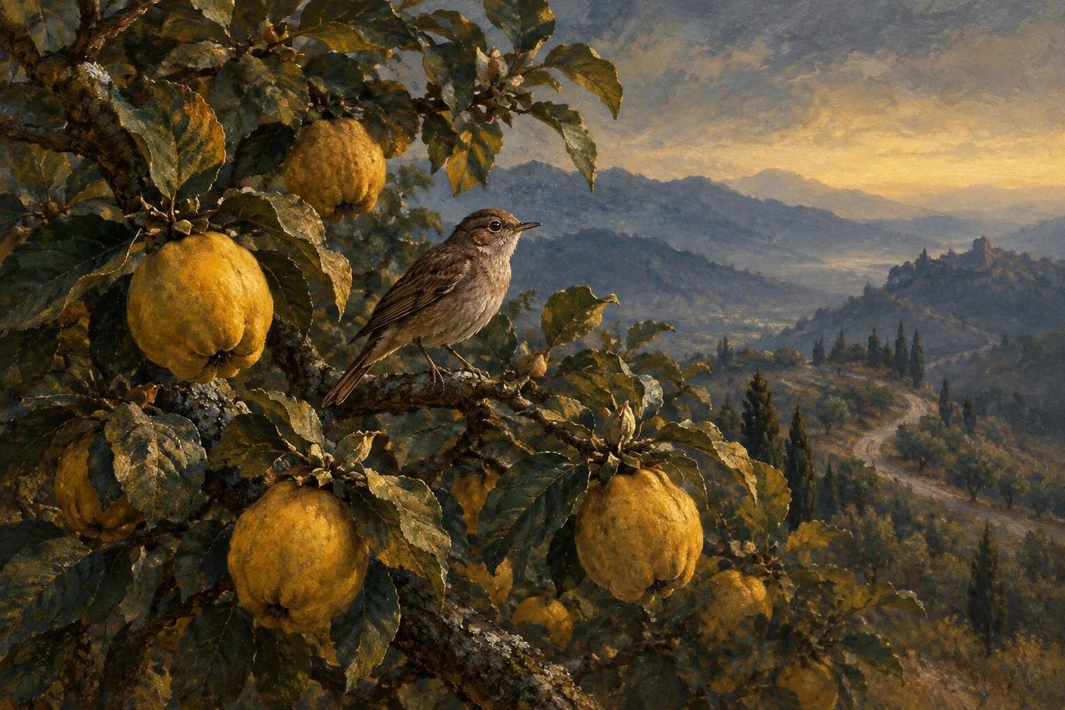 Një bilbil i vogël mbi degët e një peme ftoi me fruta të verdha