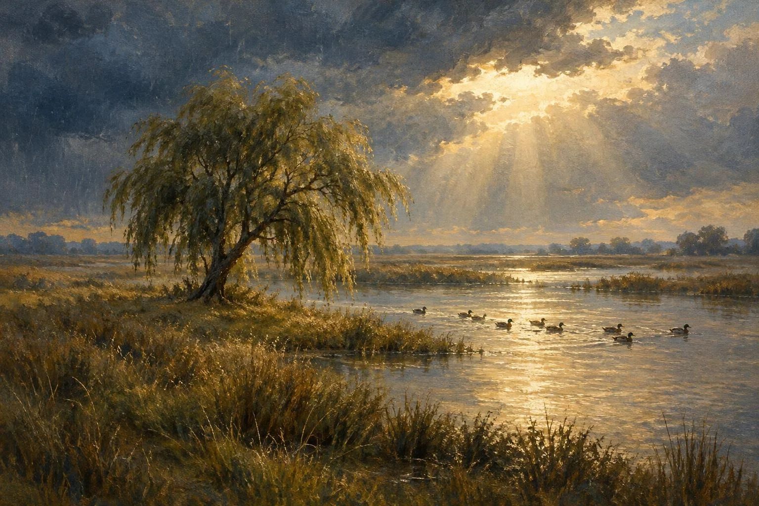 Një shelg në breg të kënetës pas shiut ndërsa rrezet e diellit ndriçojnë ujin e qetë dhe rosat e egra