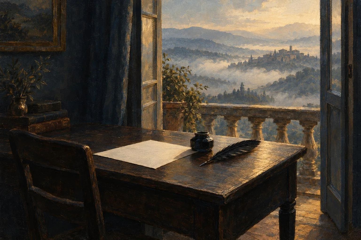 Një fletë e bardhë letre dhe një pendë shkrimi mbi tavolinën pranë dritares me mjegull