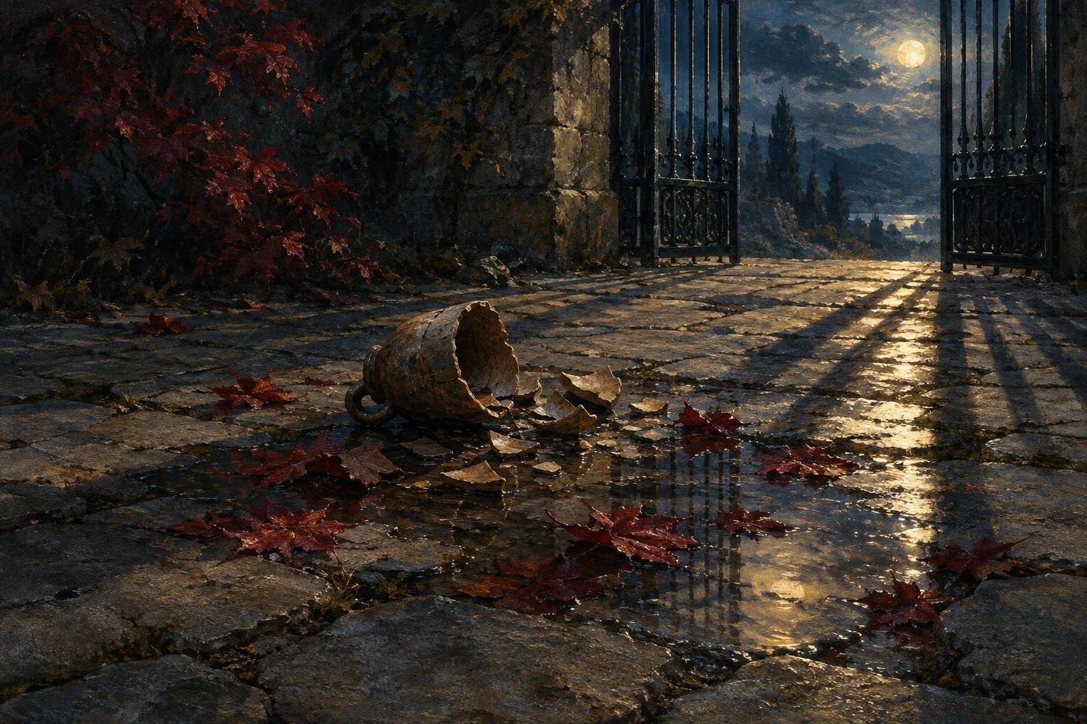 Një filxhan i thyer mbi pllakat e gurta të një oborri të ndriçuar nga hëna e ftohtë