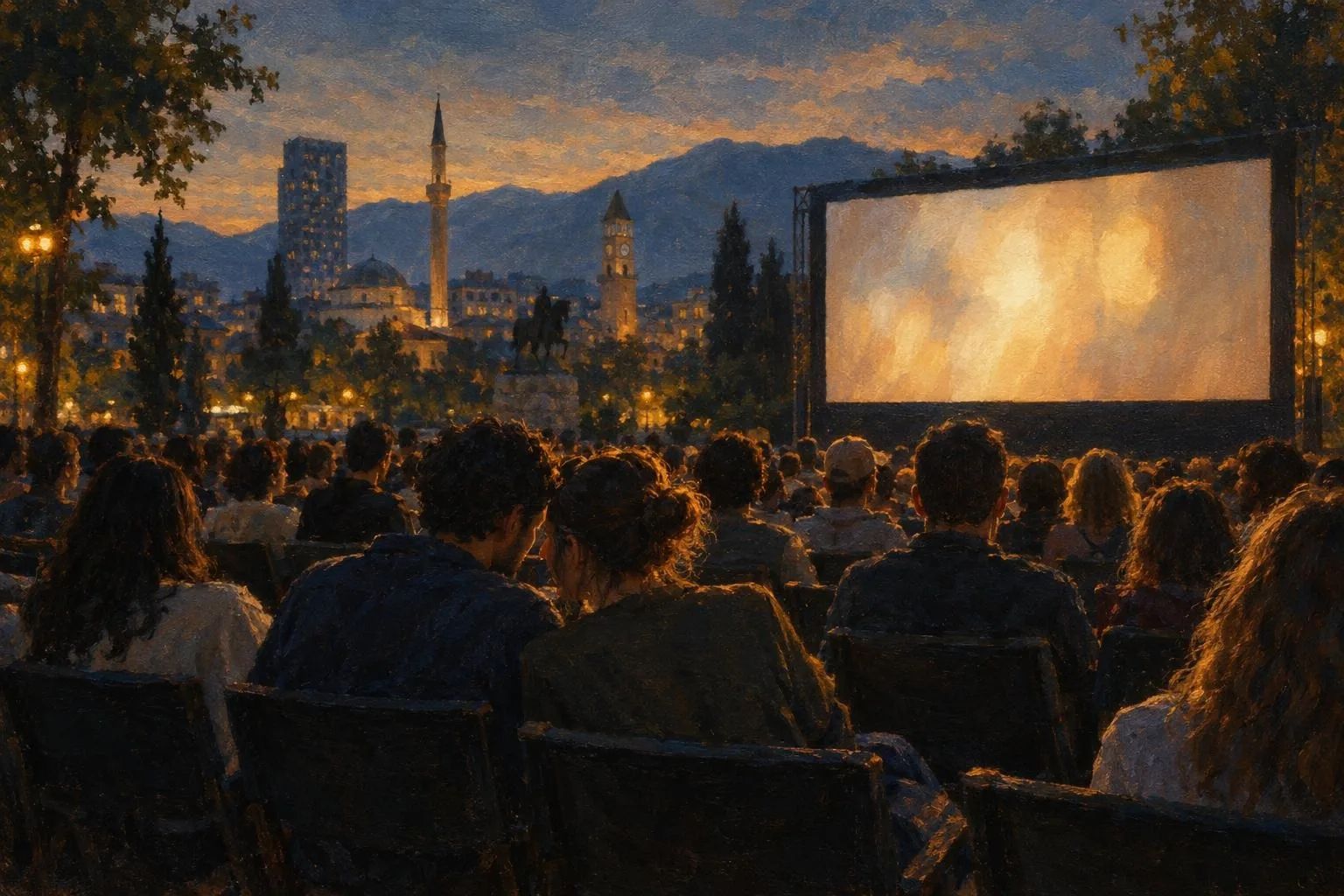 An evening film screening in Tirana: the audience seen from behind, lit by the warm glow of a large screen.