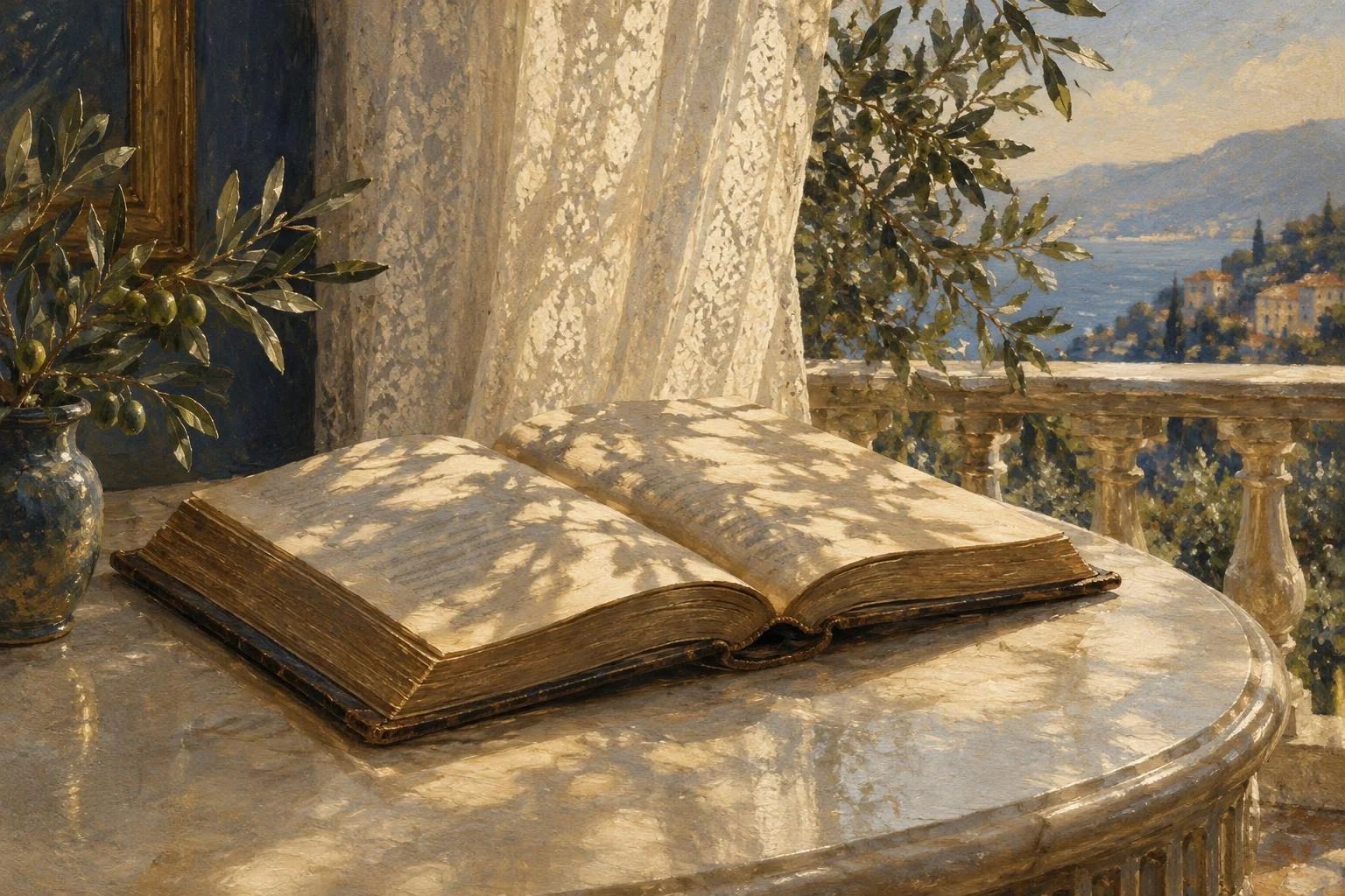 Një libër i hapur mbi një tryezë fildishi pranë një dritareje me perde të bardha dantelle