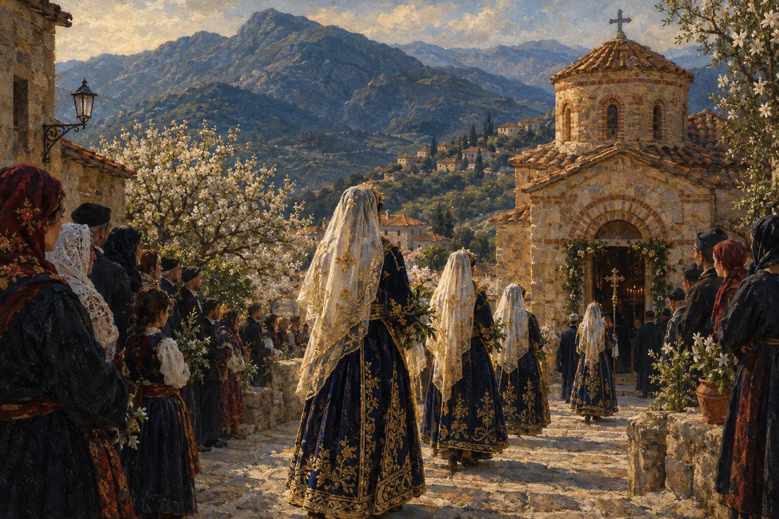 A spring procession in an Arbëresh hill town in southern Italy: women in gold-embroidered traditional costumes descend church steps.
