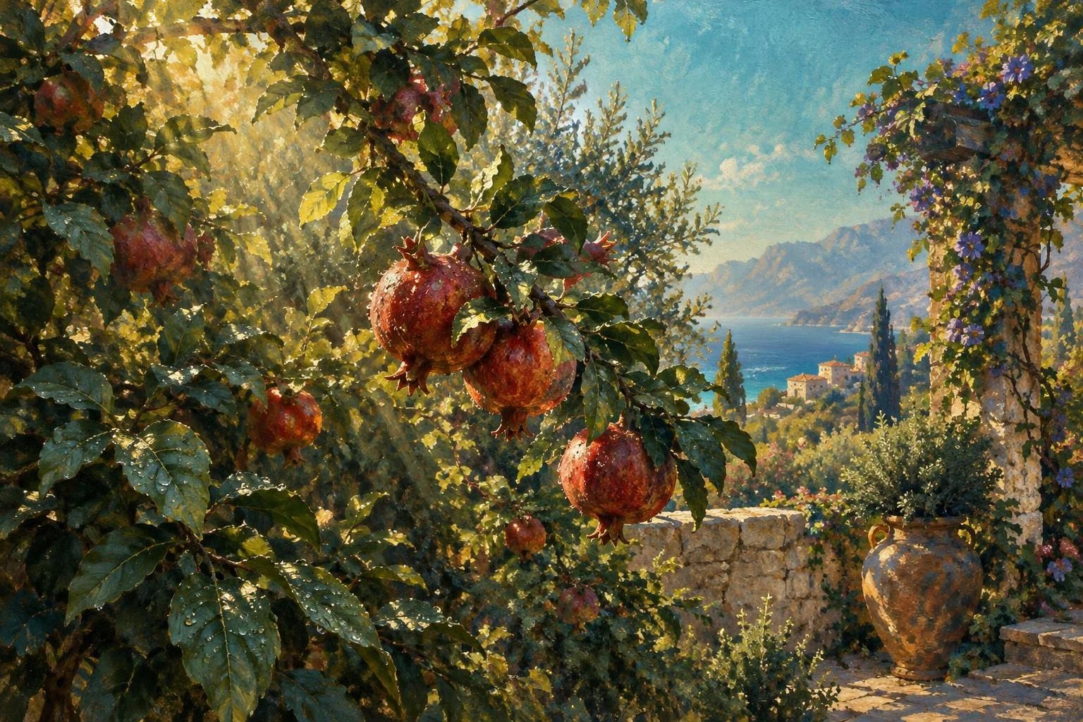 Kopsht i harlisur me shegë dhe gjethe të lagura me vesë nën qiellin e kaltër