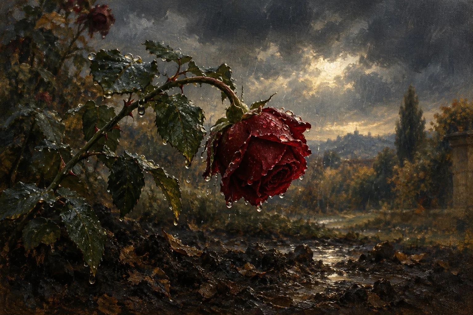 Një trëndafil i kuq i përkulur nën pikat e shiut në një kopsht të lagur