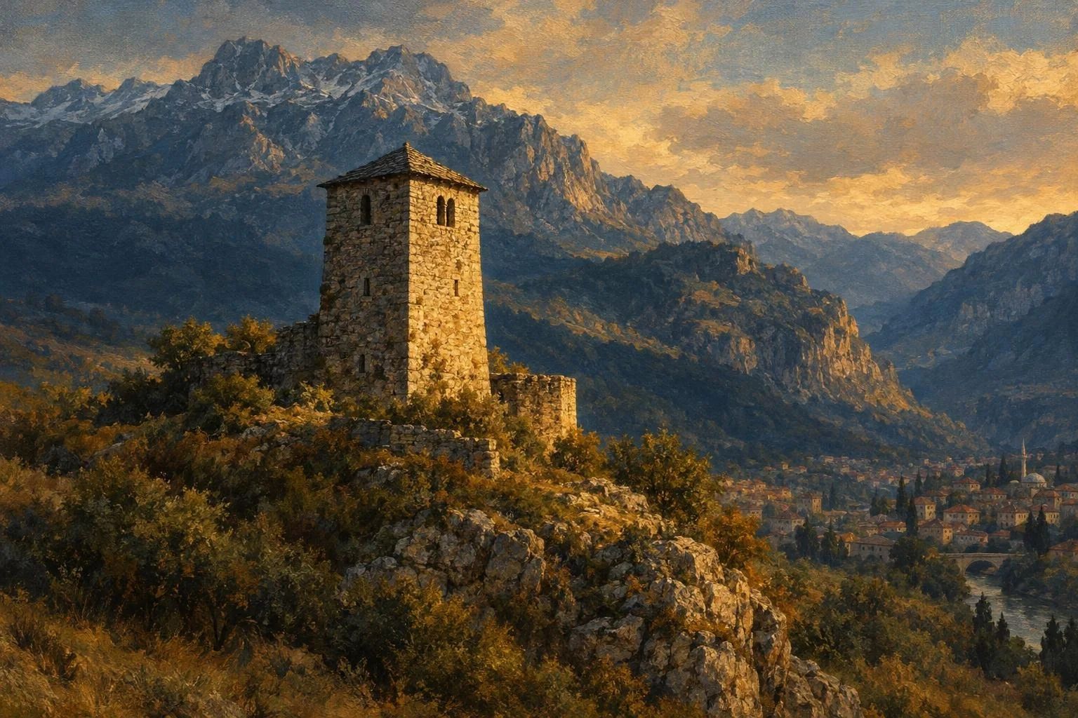 Një kullë e vjetër guri mes maleve të thepisura të Kosovës