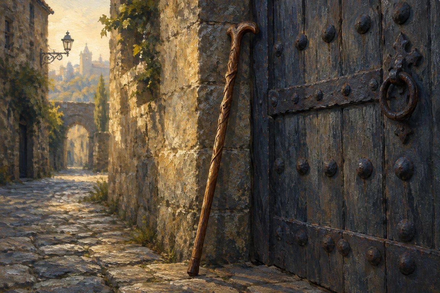 Një shkop druri i mbështetur te një portë e vjetër e rëndë druri në një rrugicë