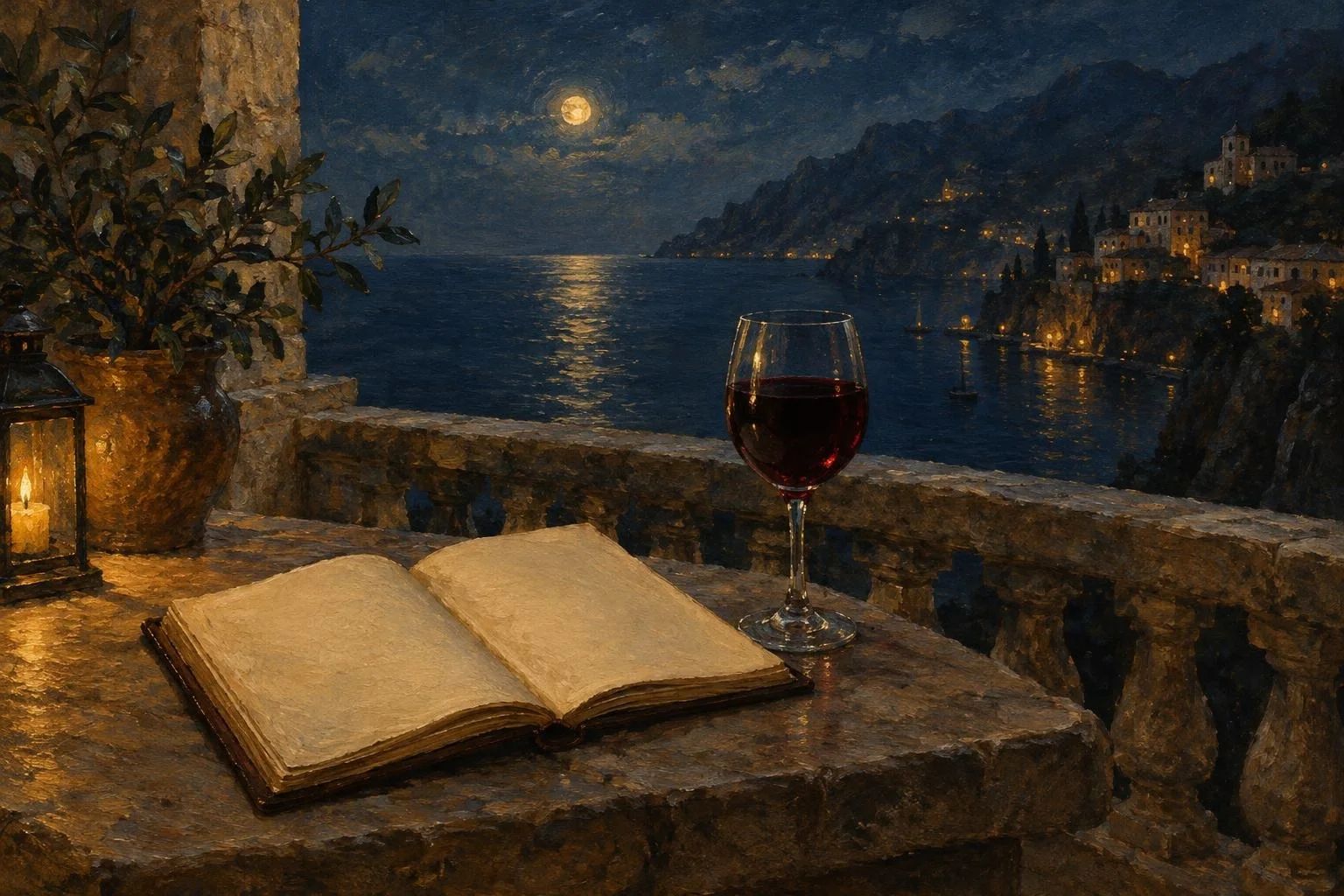 Fletore e hapur dhe një gotë me verë të kuqe mbi ballkon guri përballë detit të natës