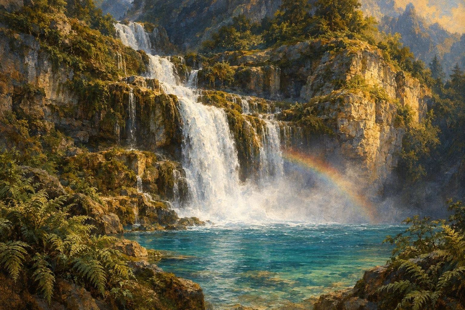 Ujëvarë e kristaltë që zbret nëpër shkëmbinj gëlqerorë drejt një pellgu bruz