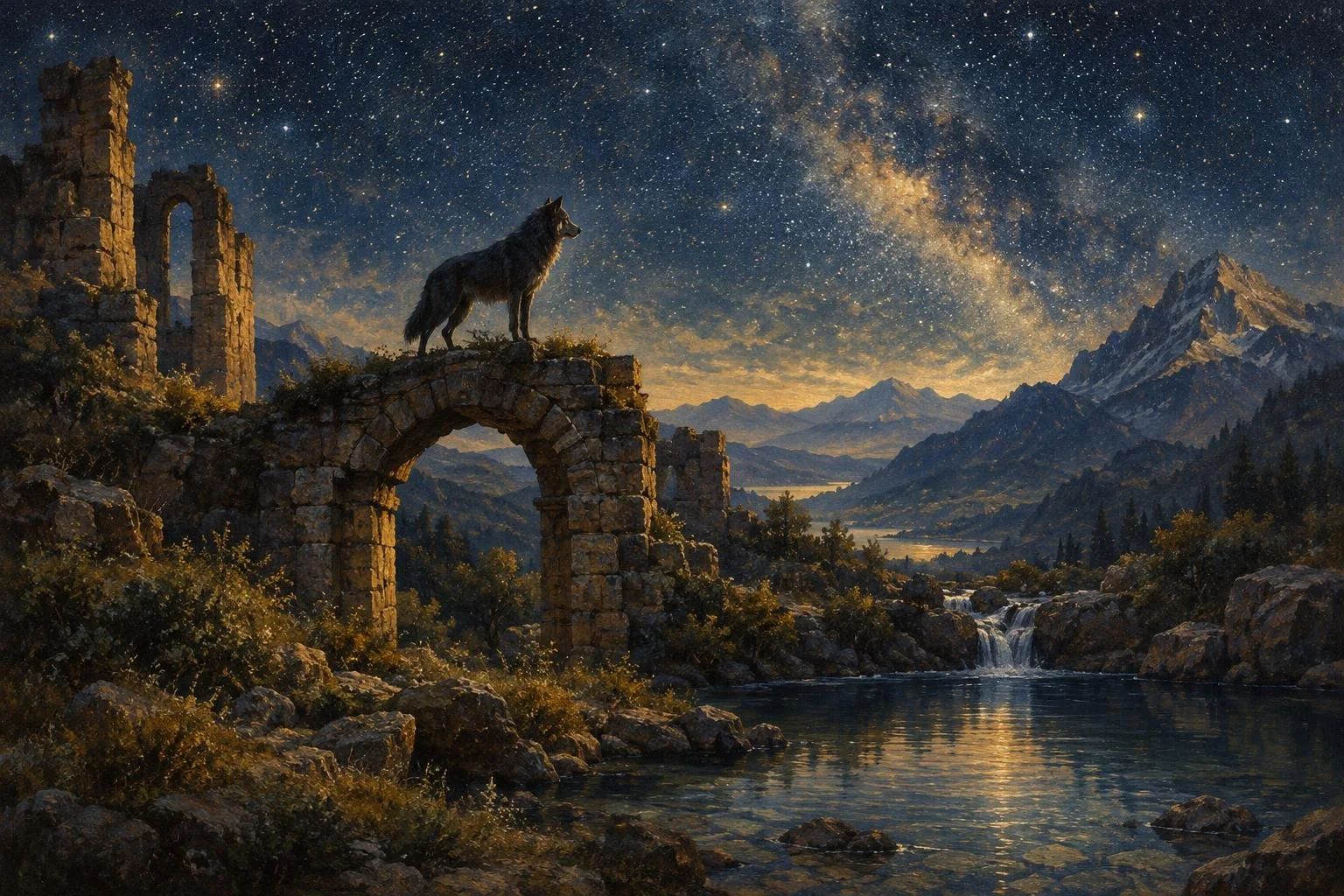 Silueta e një ujku mes rrënojave të lashta prej guri nën qiellin me yje