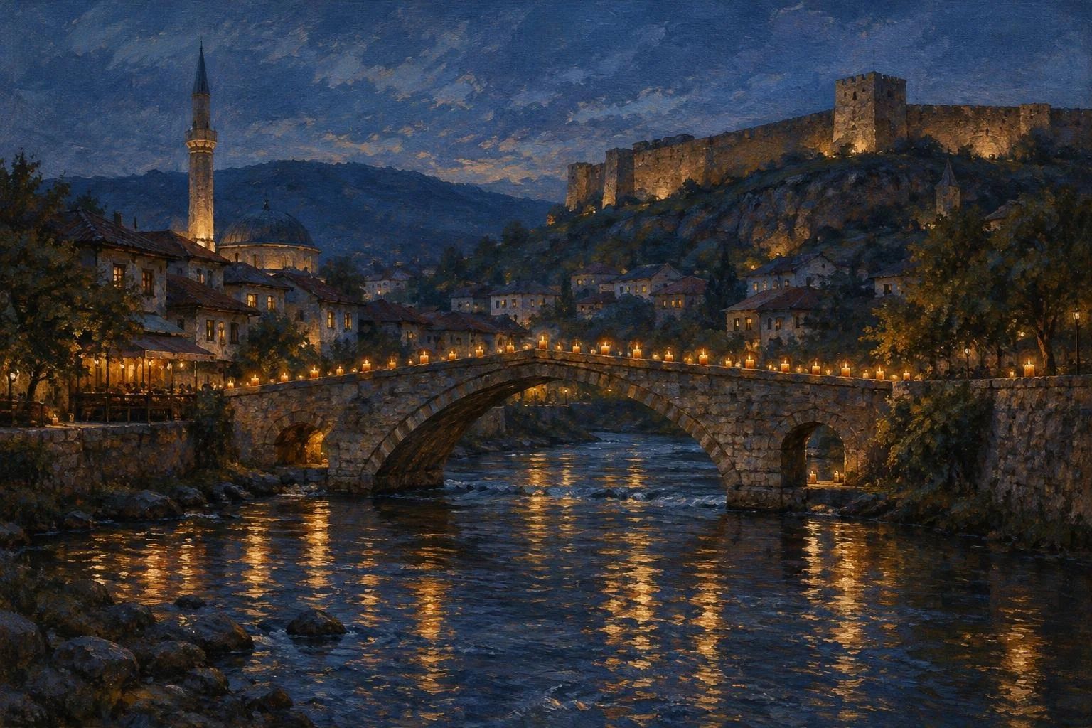 Ura e gurit në Prizren në muzg me qirinj të ndezur buzë lumit