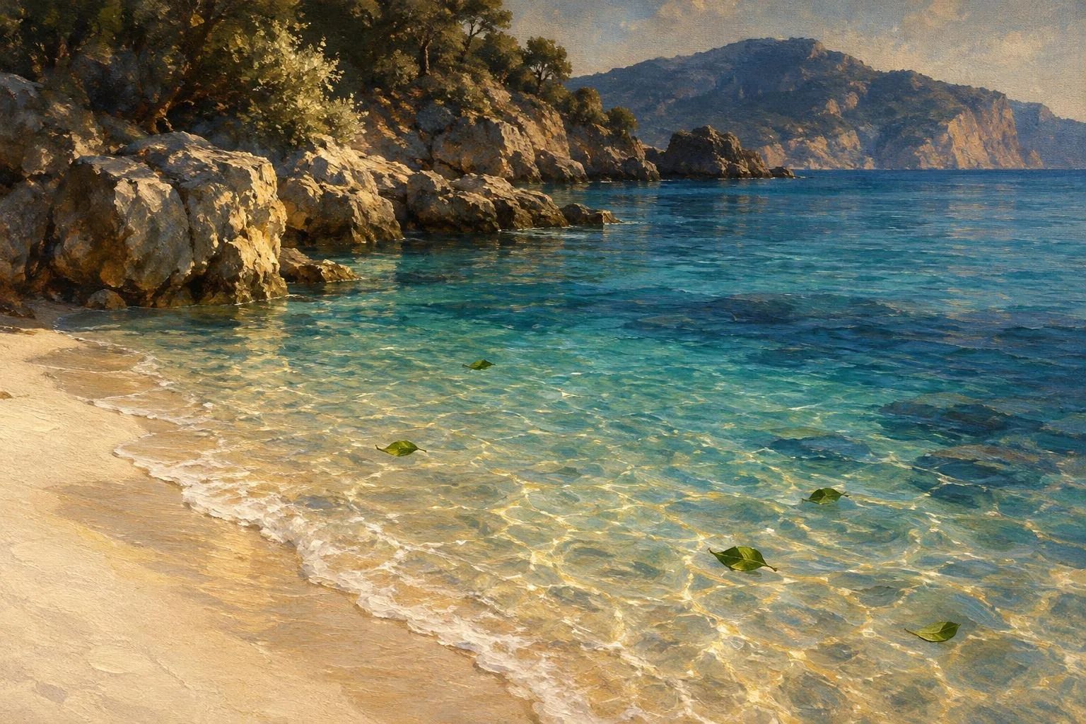 Ujëra të kthjellëta të kaltra që përplasen butësisht në rërën e një plazhi të qetë