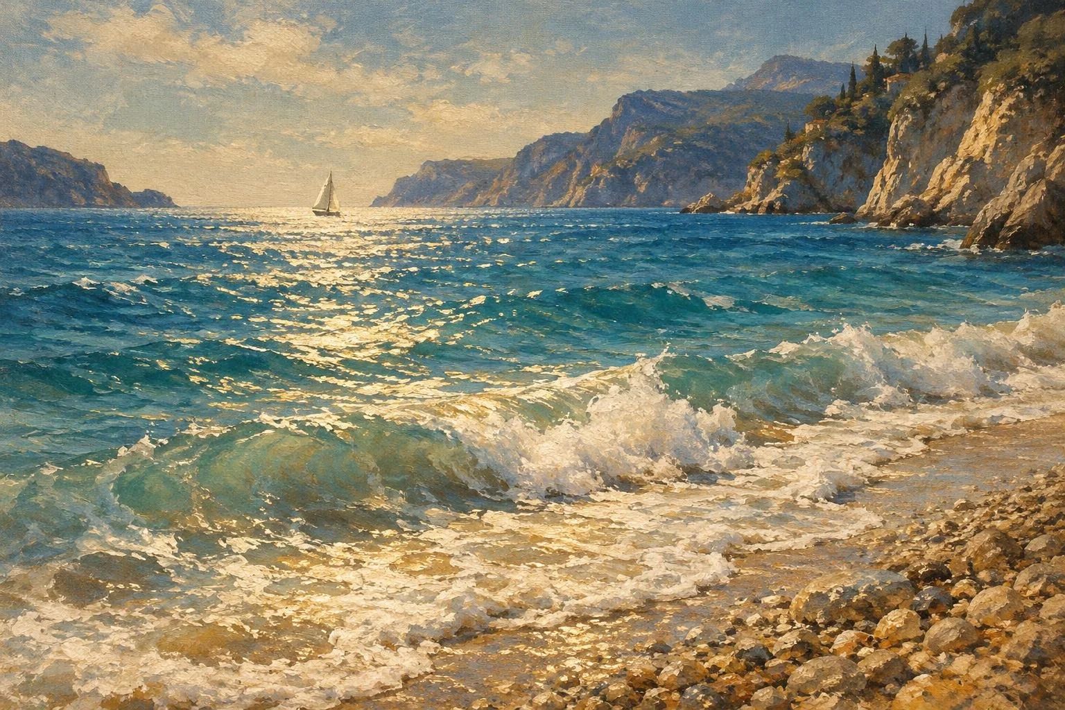 Valë deti të ndritshme në një plazh me gurë të artë nën diellin e ngrohtë të verës