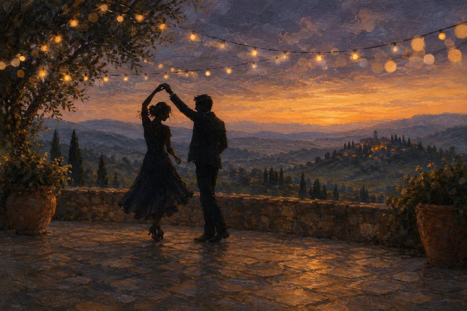 Dy silueta që vallëzojnë në një tarracë me gurë mbi kodra nën dritën e ngrohtë të muzgut