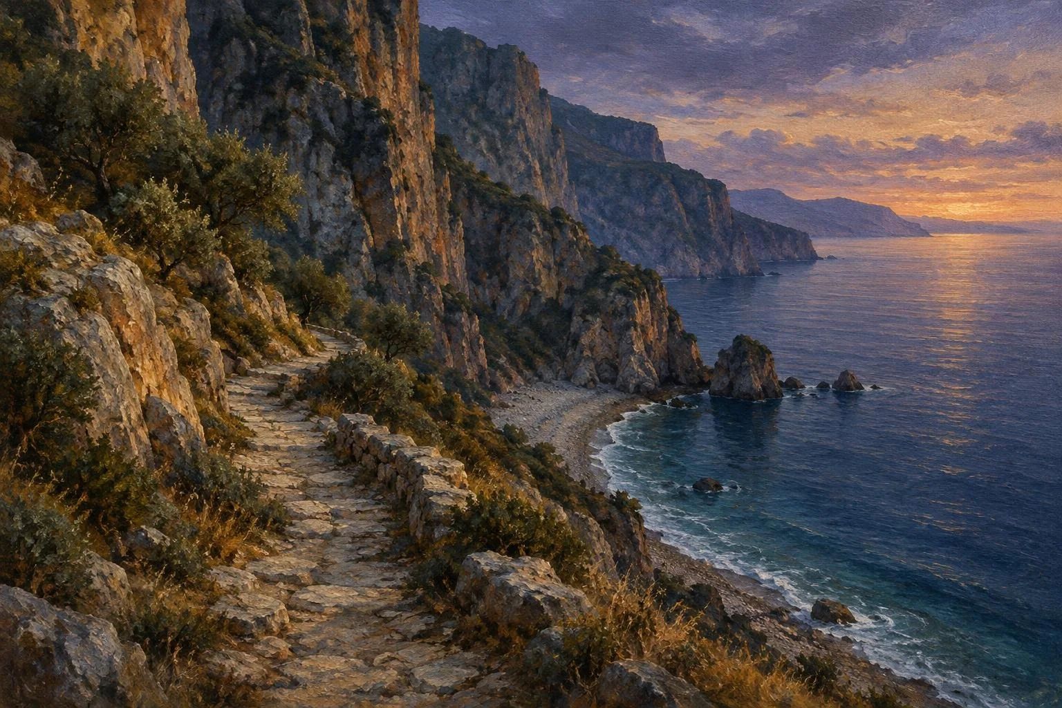 Rrugicë guri buzë një kanioni të thellë që zbret drejt detit të qetë