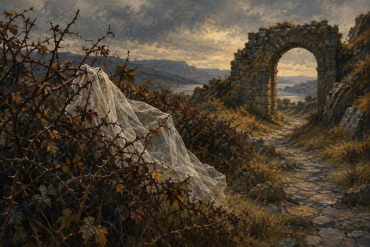 Një vello e bardhë e hollë e mbërthyer mbi kaçube përgjatë një shtegu me gurë