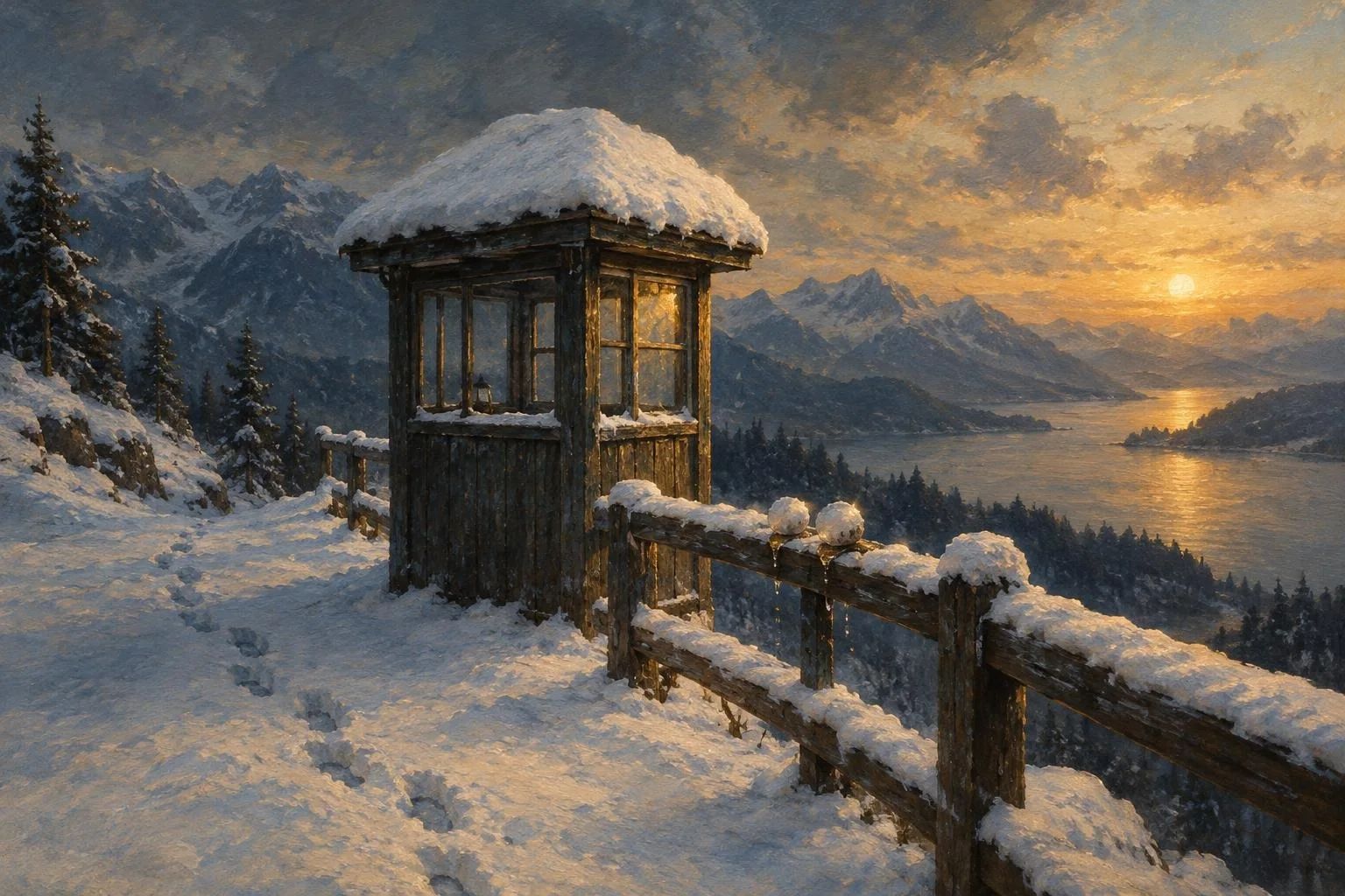 Një kabinë e vjetër roje e mbuluar me dëborë në mes të dimrit