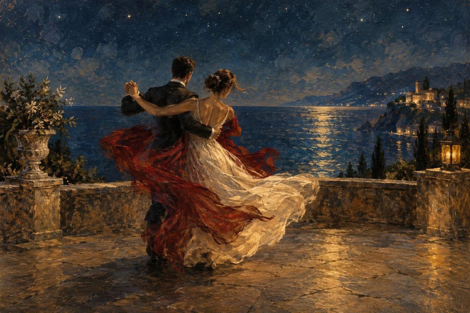 Një çift që vallëzon në një tarracë guri mbi det nën yje
