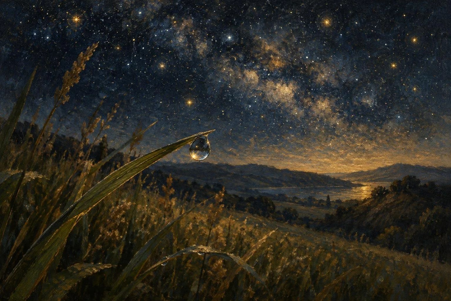 Një fije bari me vesë nën një qiell të mbushur me mijëra yje