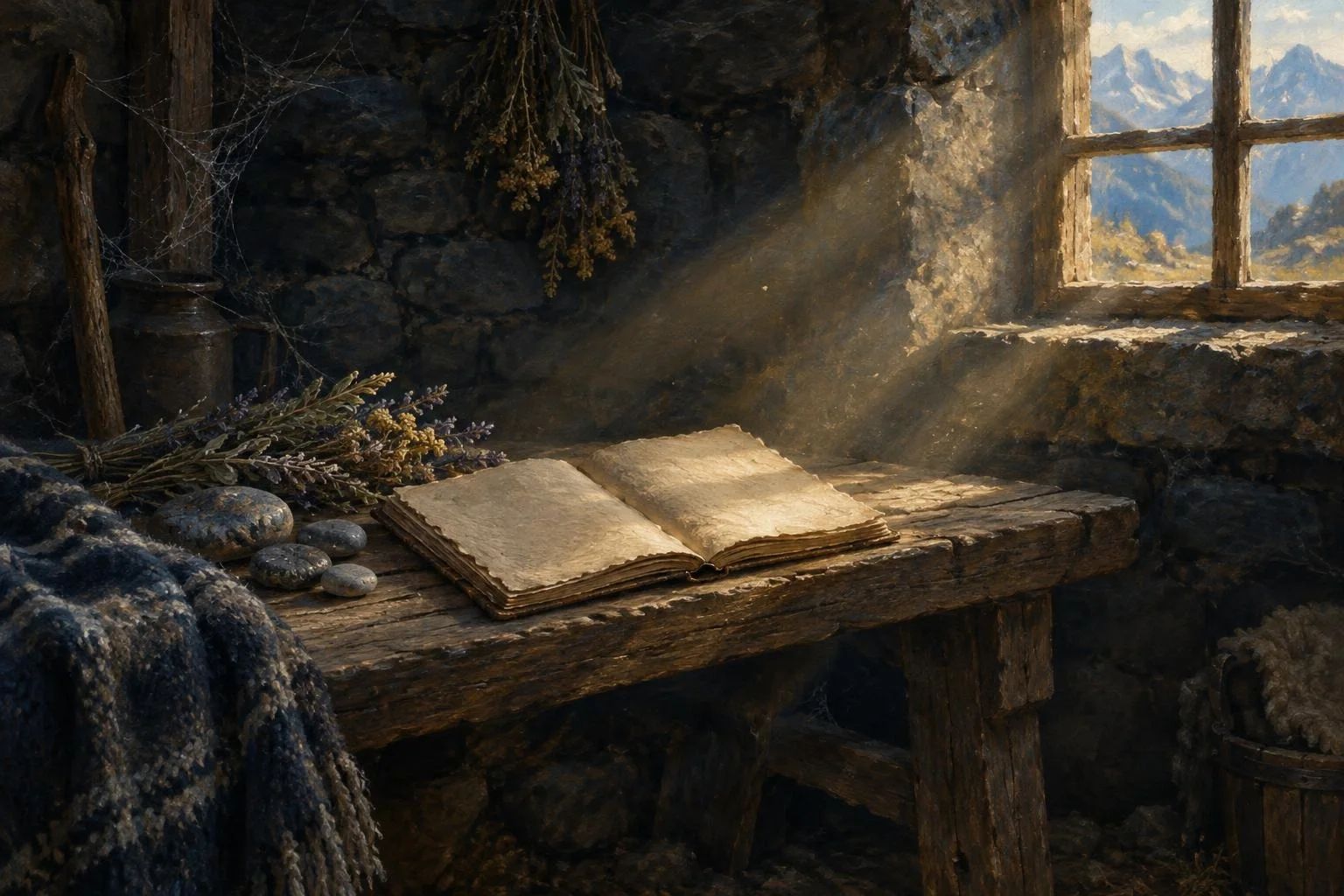 Brendësia e një stani të vjetër guri me dritë të butë mbi një fletore të hapur.