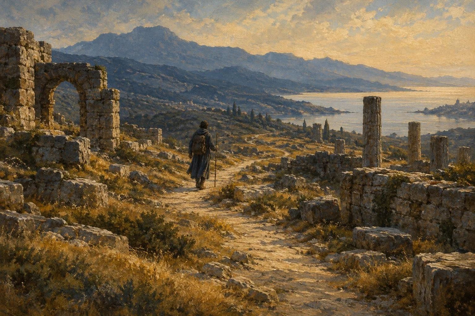 Udhëtar i vetmuar që largohet përgjatë një shtegu me rrënoja të vjetra