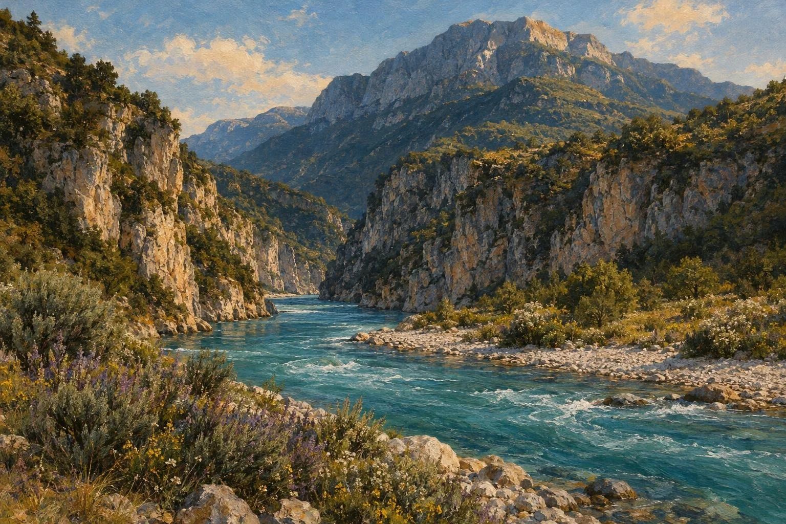 Lumi Vjosë me ujëra të kaltra mes shkëmbinjve dhe malit të Trebeshinës